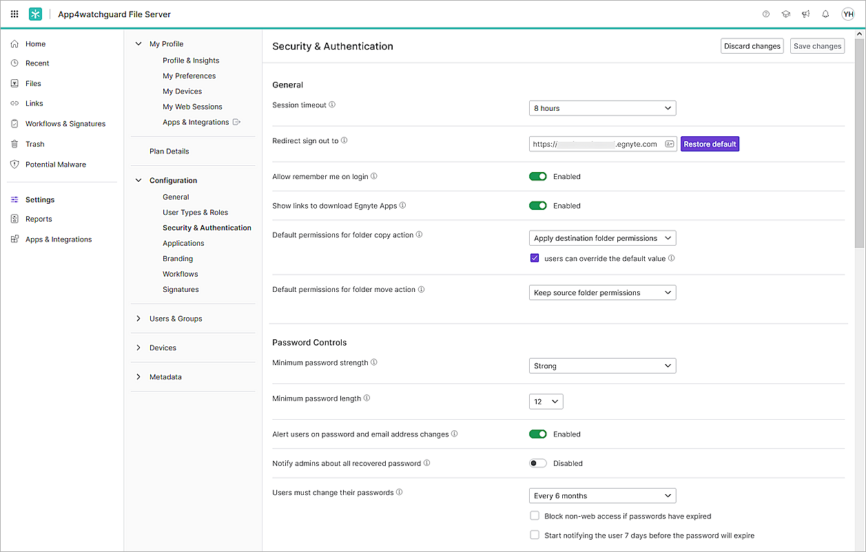 Screenshot of Security & Authentication page in Egnyte